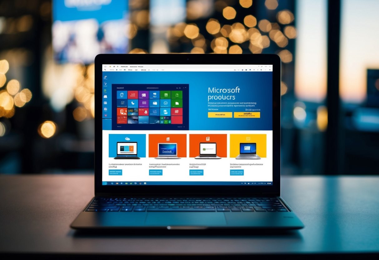 A laptop displaying various Microsoft products with promotional banners