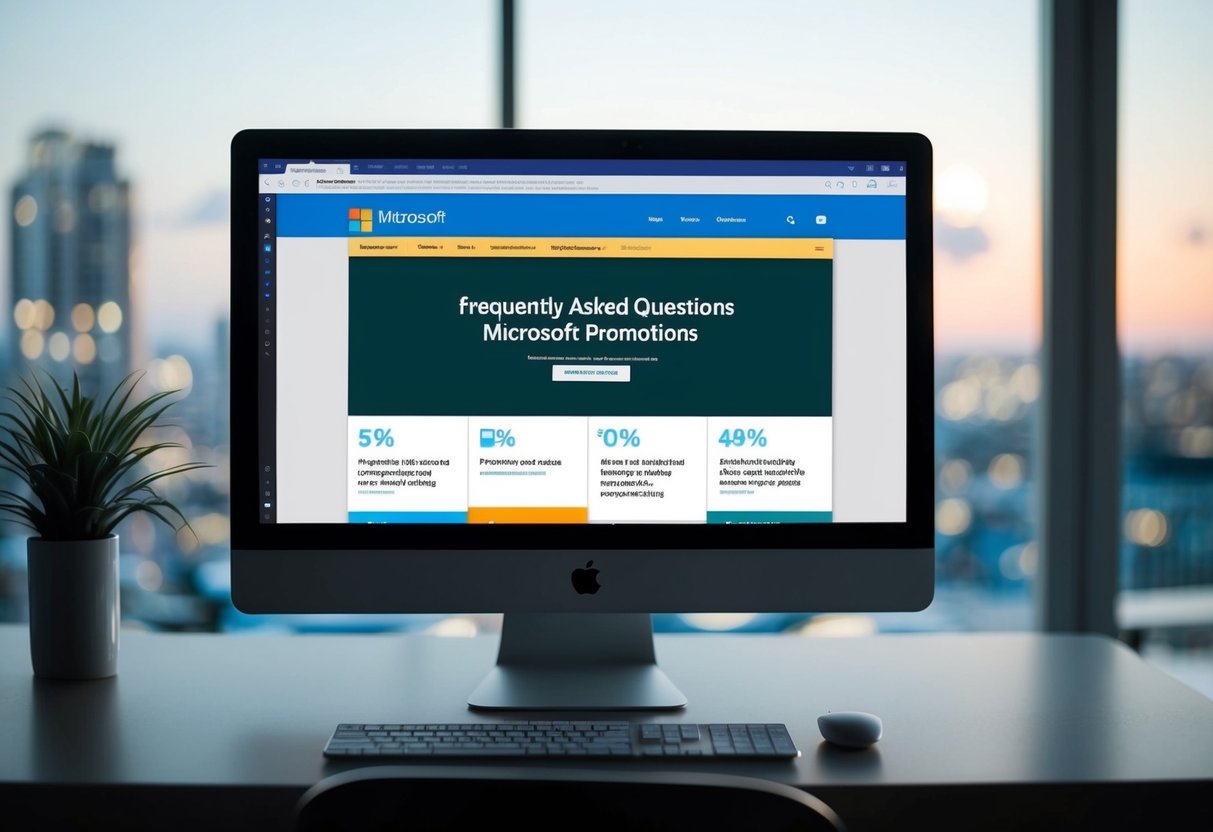 A computer screen displaying a webpage with the title "Frequently Asked Questions Microsoft Promotions" and various sections of information