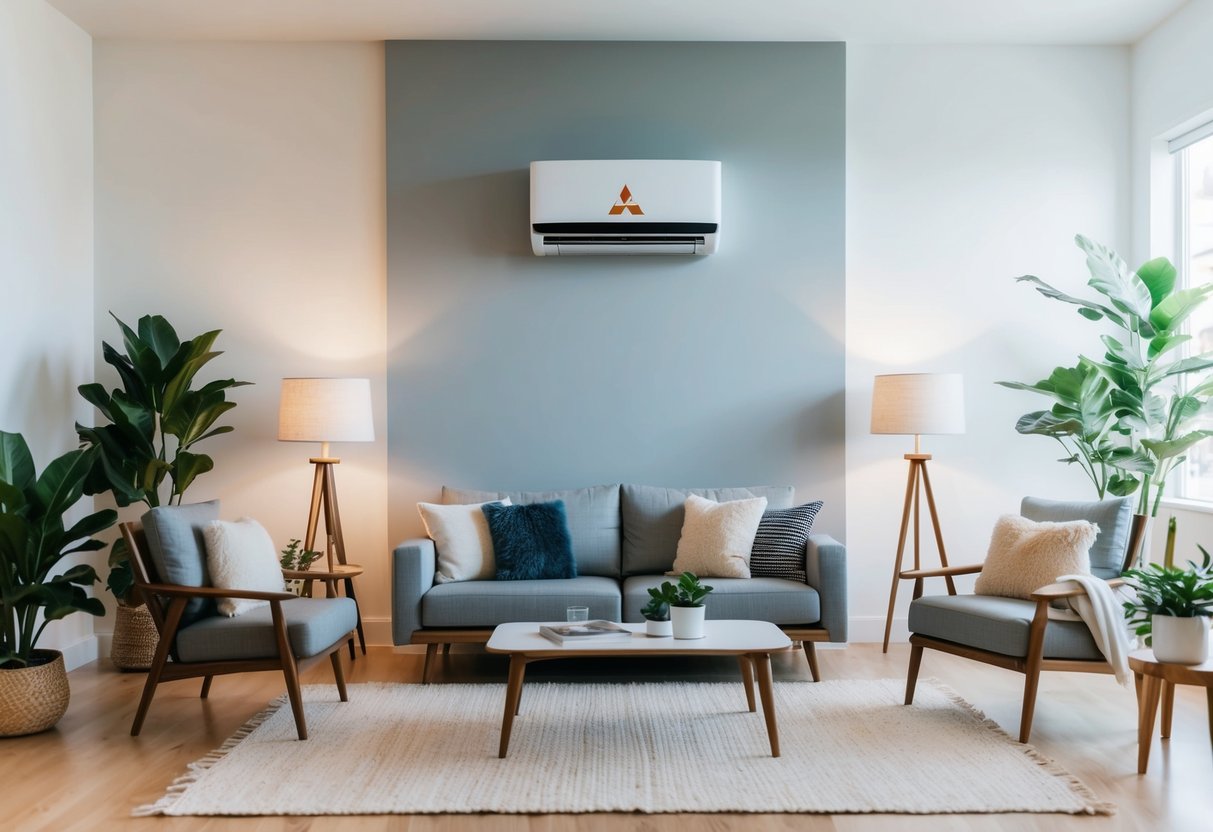A brightly lit living room with a sleek Mitsubishi air conditioning unit on the wall, surrounded by cozy furniture and plants