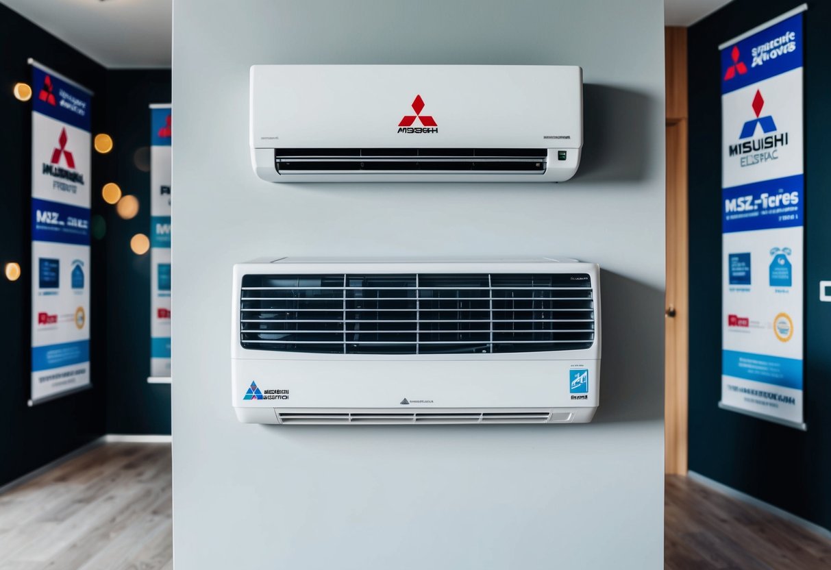 A sleek Mitsubishi Electric MSZ-AP Series air conditioner sits on a modern living room wall, surrounded by promotional banners and logos