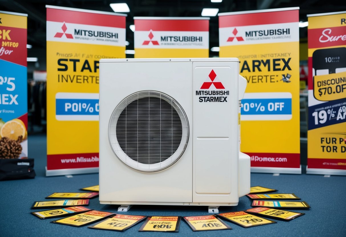 A sleek Mitsubishi Starmex Inverter air conditioner surrounded by promotional banners and discounts