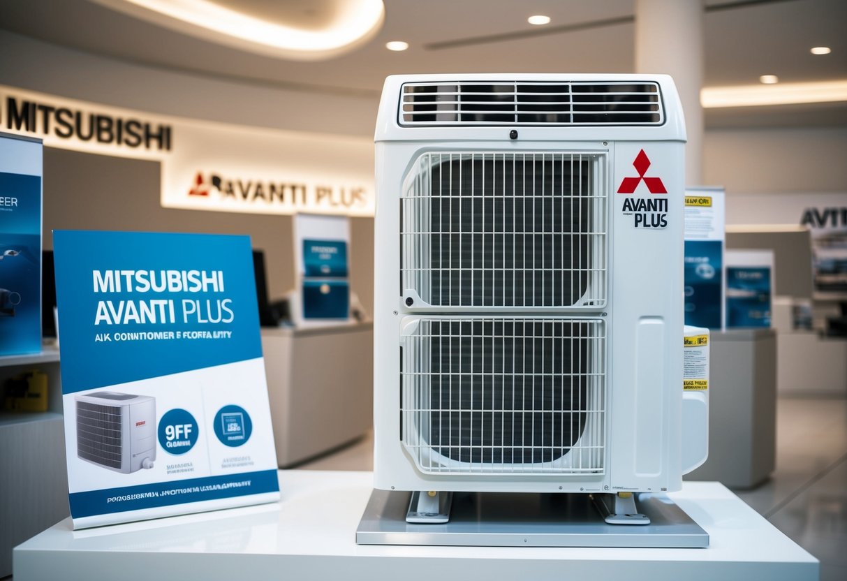 A sleek Mitsubishi Avanti PLUS air conditioner displayed with promotional materials in a modern, well-lit showroom