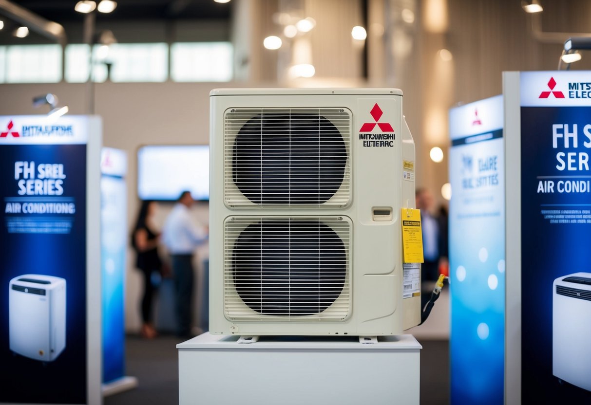 A sleek Mitsubishi Electric FH Series air conditioning unit displayed with promotional materials