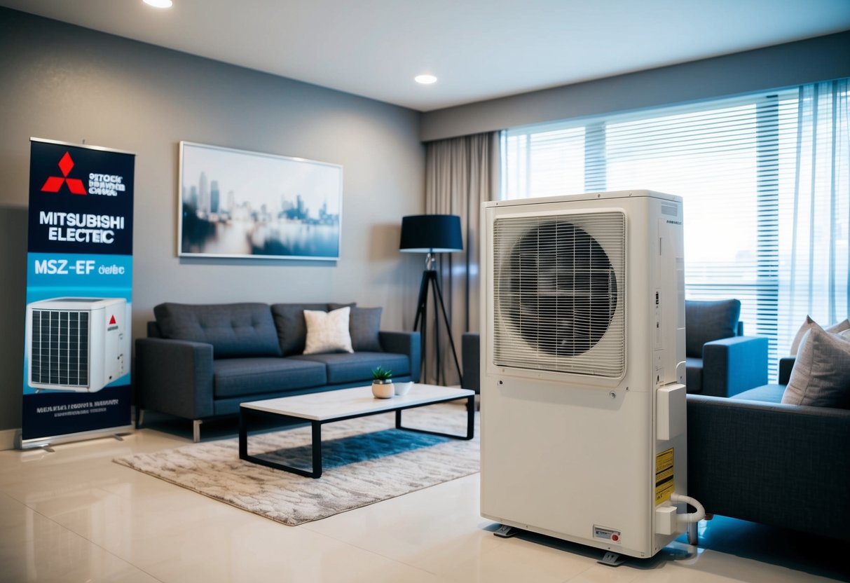 A modern living room with a Mitsubishi Electric MSZ-EF Series air conditioner prominently featured and promotional materials displayed nearby