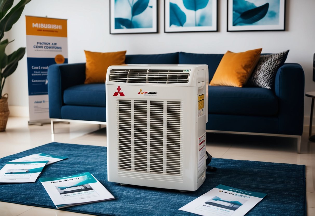 A sleek Mitsubishi air conditioning unit sits prominently in a modern living room, surrounded by promotional materials and a sense of comfort and coolness