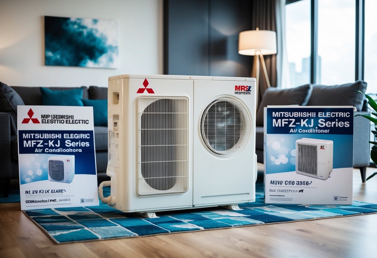 A modern living room with a Mitsubishi Electric MFZ-KJ Series air conditioner prominently displayed, surrounded by promotional materials
