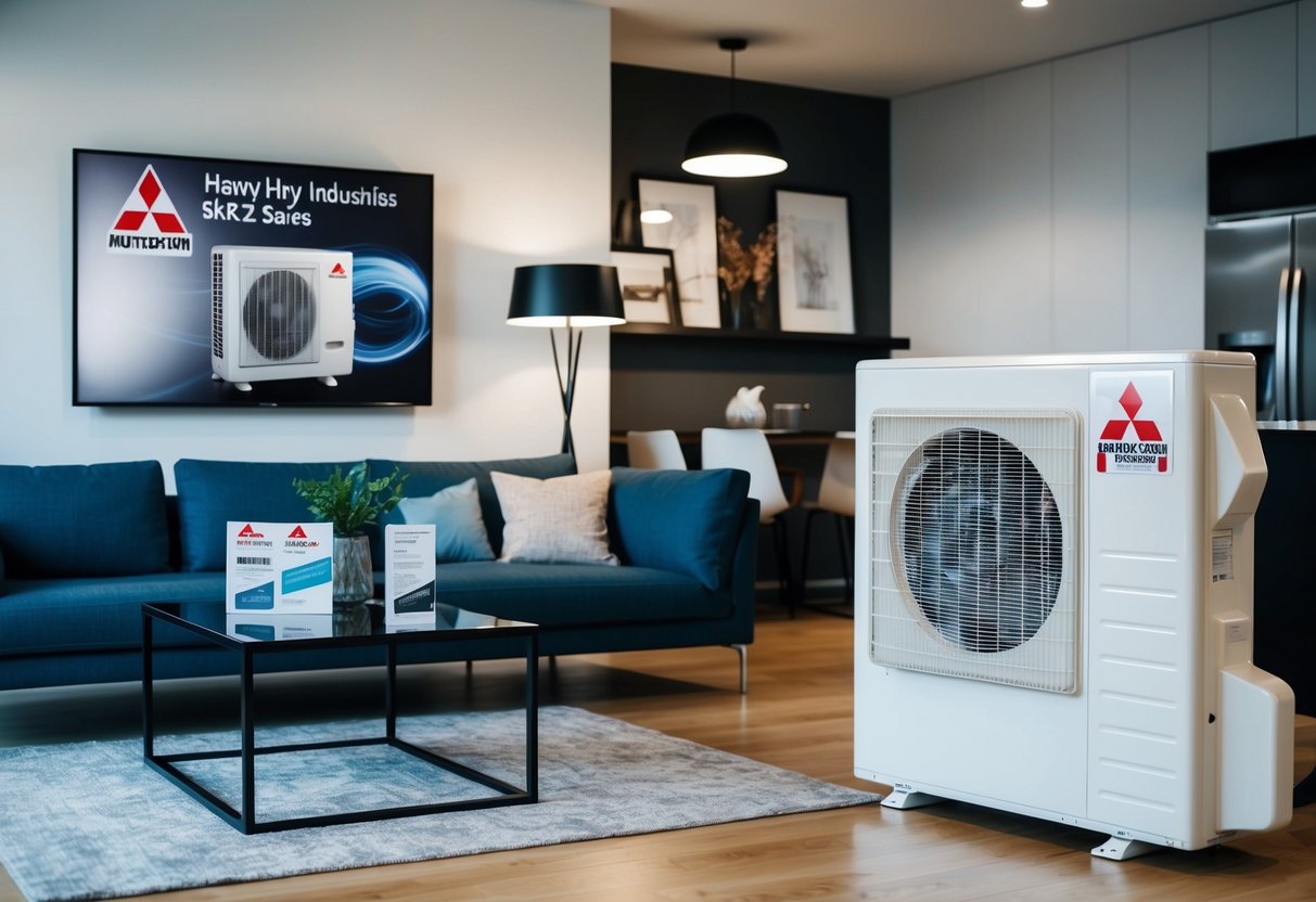 A modern living room with a Mitsubishi Heavy Industries SRK-ZK Series air conditioner prominently featured and promotional materials displayed nearby