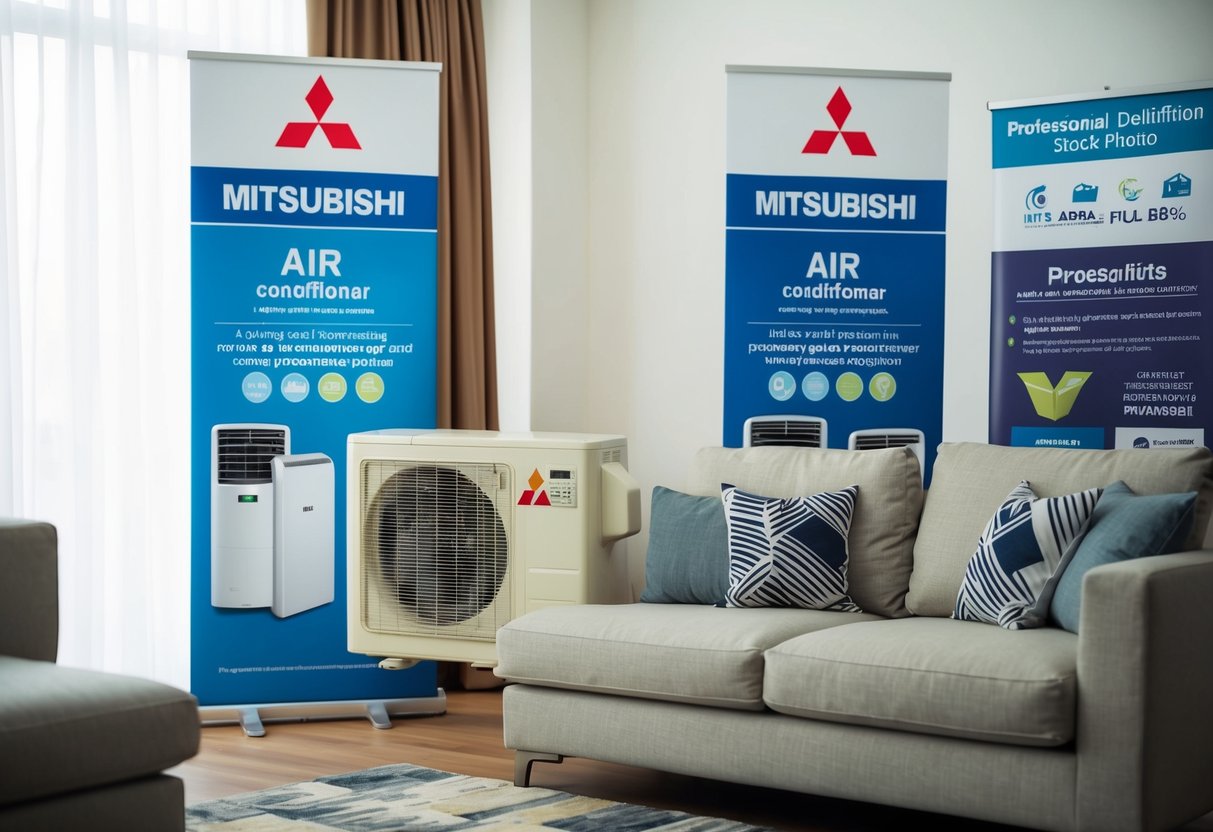 A living room with a Mitsubishi air conditioner prominently displayed, surrounded by promotional banners and flyers
