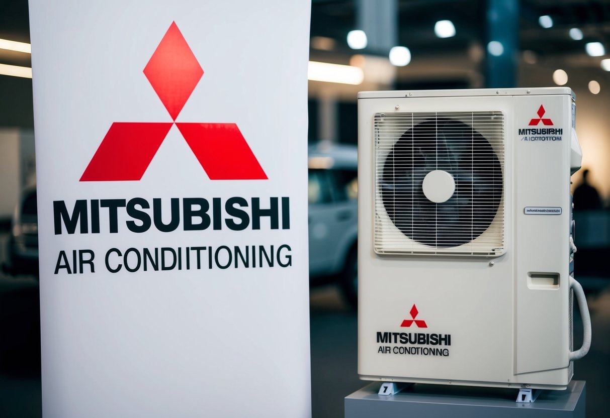 A banner with Mitsubishi air conditioning logos and promotional information displayed prominently