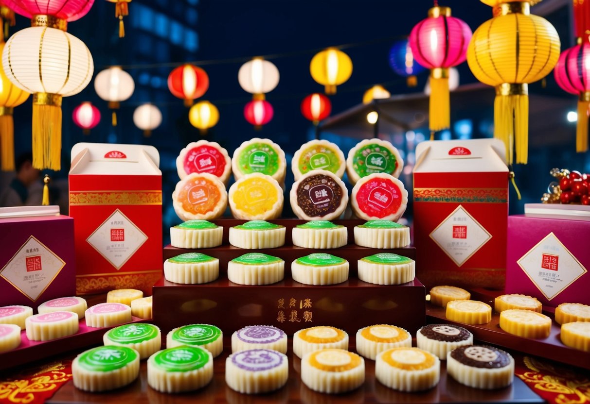 A display of mooncakes in various flavors and packaging, surrounded by lanterns and festive decorations