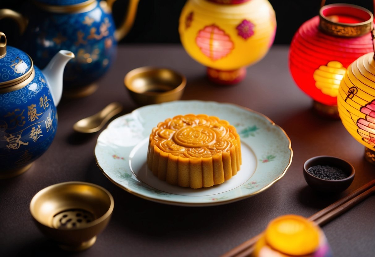 A golden lava mooncake sits on a delicate plate, surrounded by traditional Chinese tea set and decorative lanterns