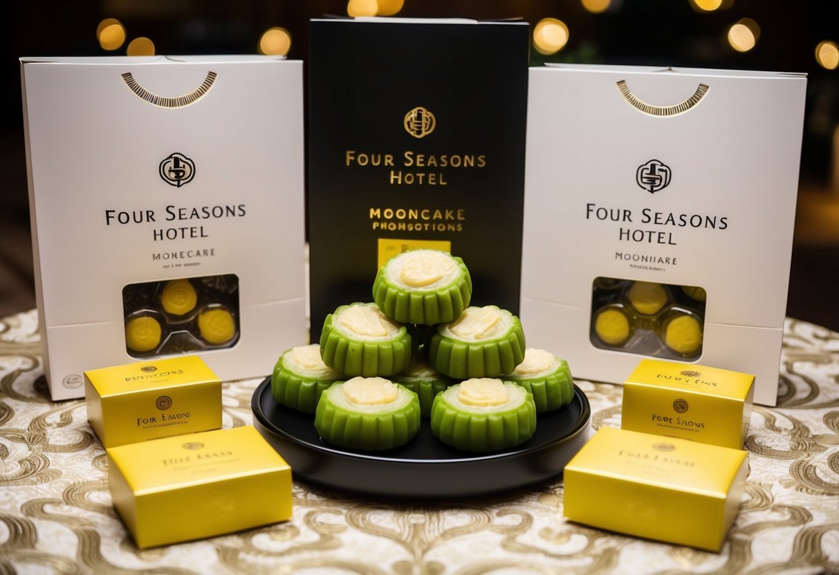 A table adorned with durian mooncakes, surrounded by elegant packaging and branding materials from Four Seasons Hotel's mooncake promotions