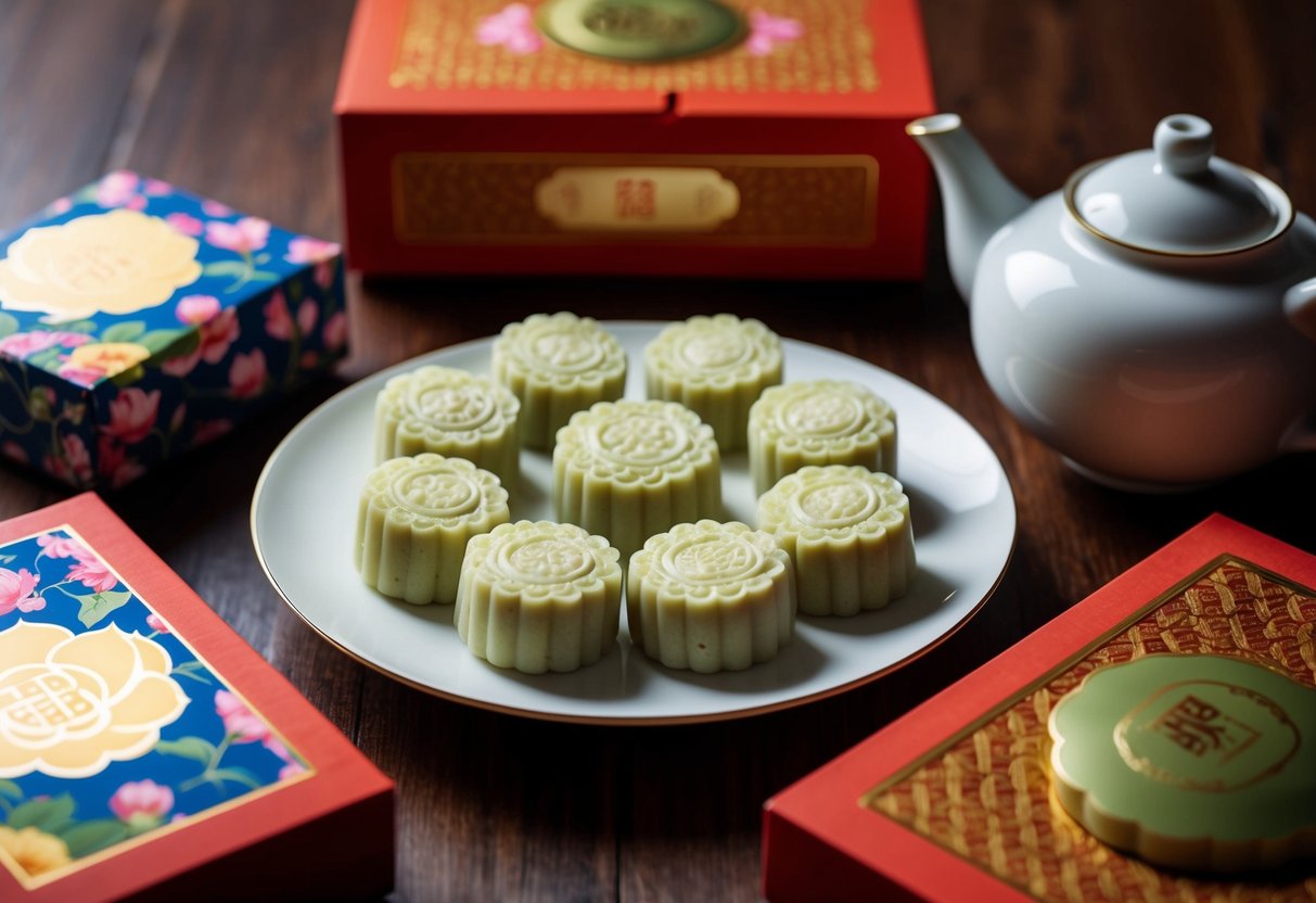 A plate of traditional lotus seed mooncakes surrounded by decorative packaging and a teapot