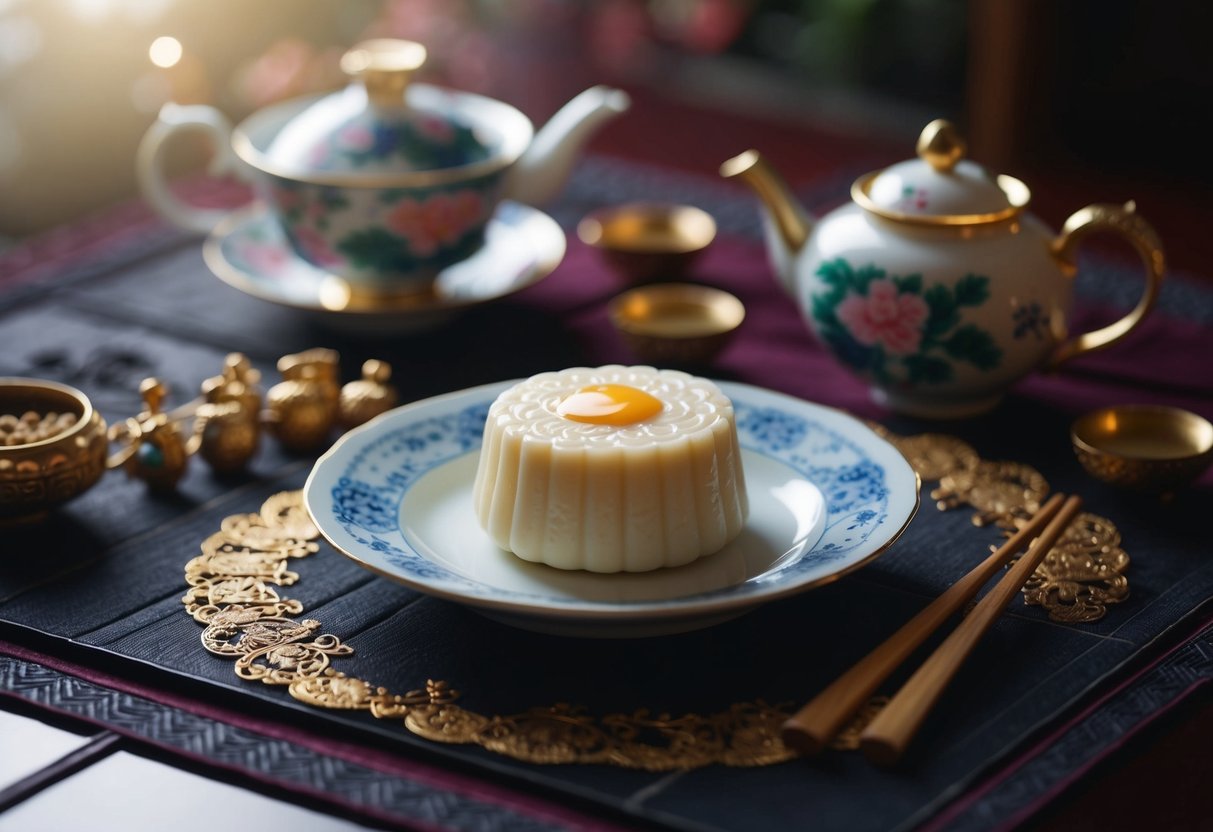 A snowskin mooncake with custard sits on a plate, surrounded by delicate Chinese tea set and traditional decorations