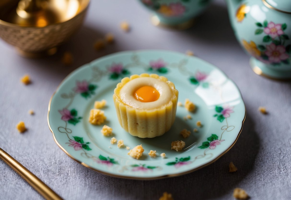 A mini egg custard mooncake sits on a delicate plate, surrounded by a scattering of crumbs and a decorative tea set