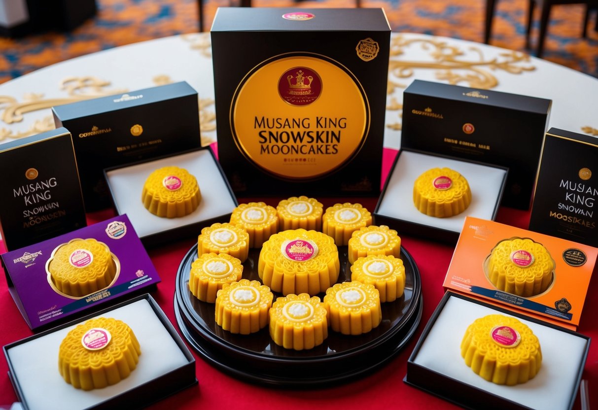 A vibrant display of Musang King Snowskin Mooncakes at Goodwood Park Hotel, surrounded by elegant packaging and promotional materials