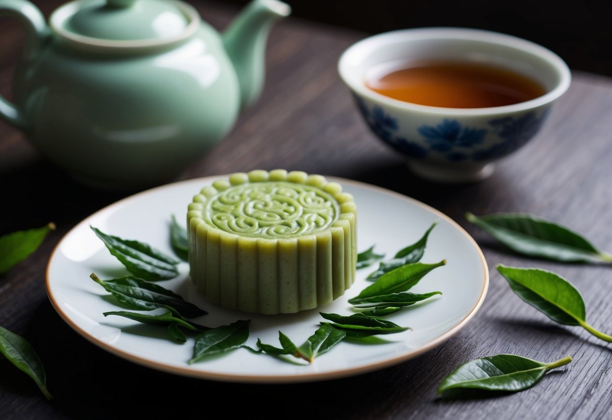 A plate with a green tea mooncake surrounded by tea leaves and a teapot