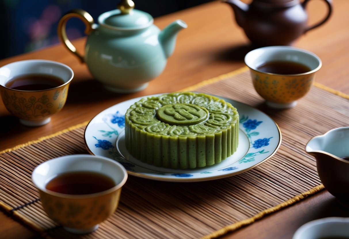 A table set with a plate holding a Matcha Red Bean Mooncake from Lady M, surrounded by traditional Chinese teacups and a teapot