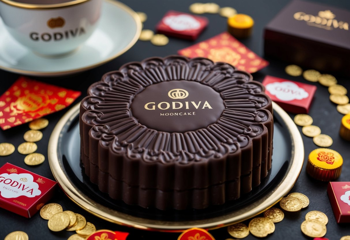 A dark chocolate mooncake with Godiva branding surrounded by promotional decorations