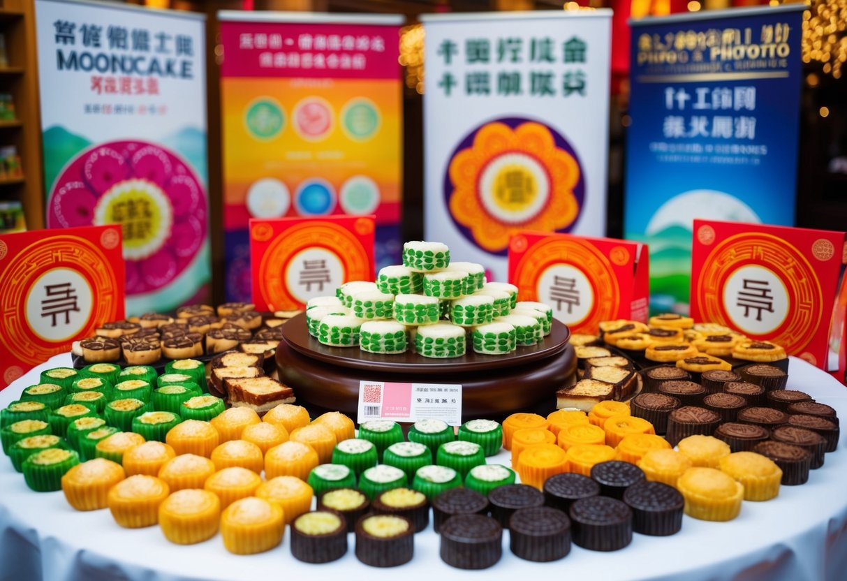 A table filled with various mooncake flavors and designs, surrounded by promotional banners and posters