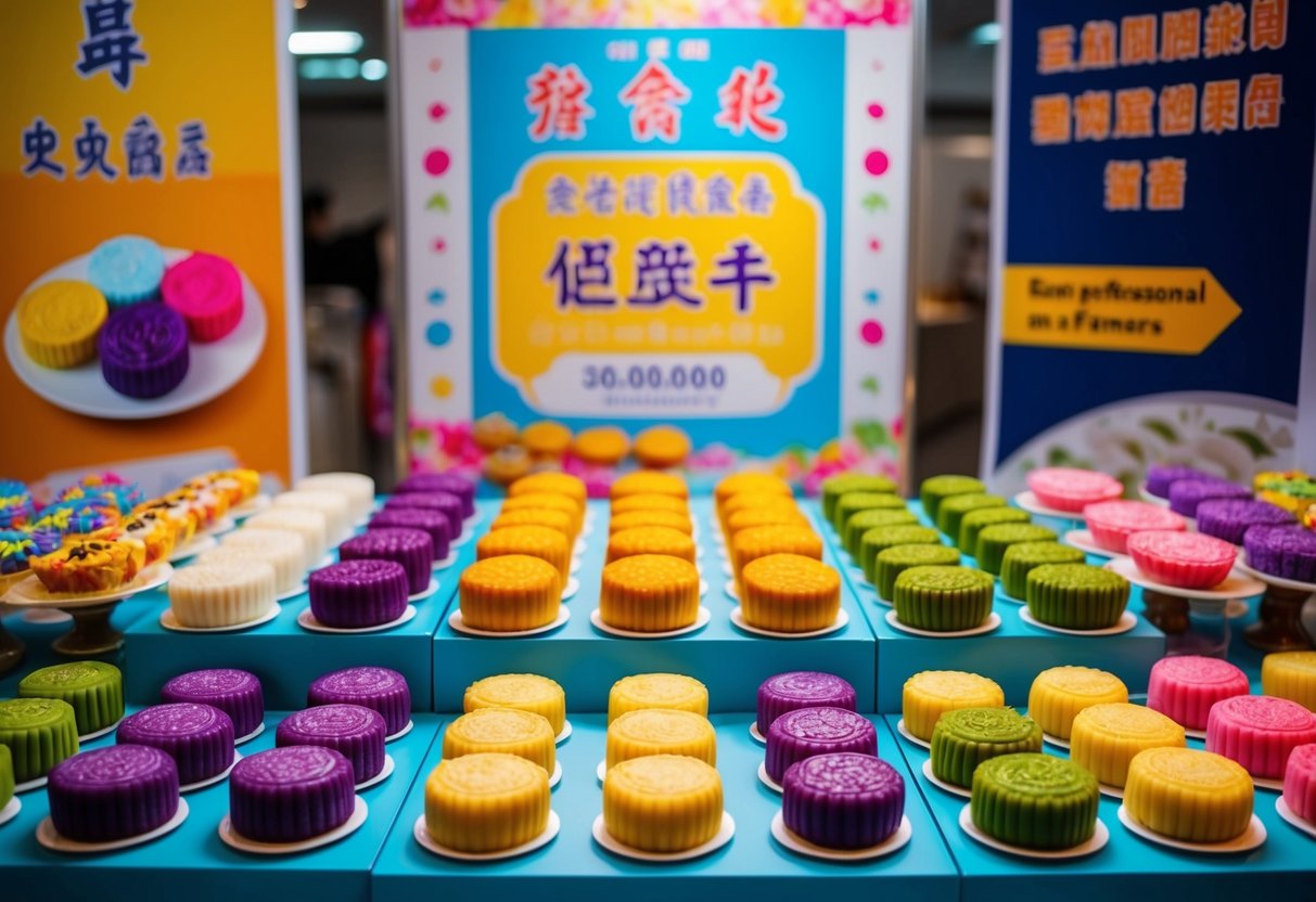 A display of colorful and unique mooncakes arranged on a table with promotional signs and banners surrounding them