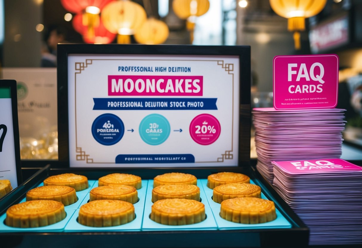 A display of mooncakes with promotional signs and a stack of FAQ cards