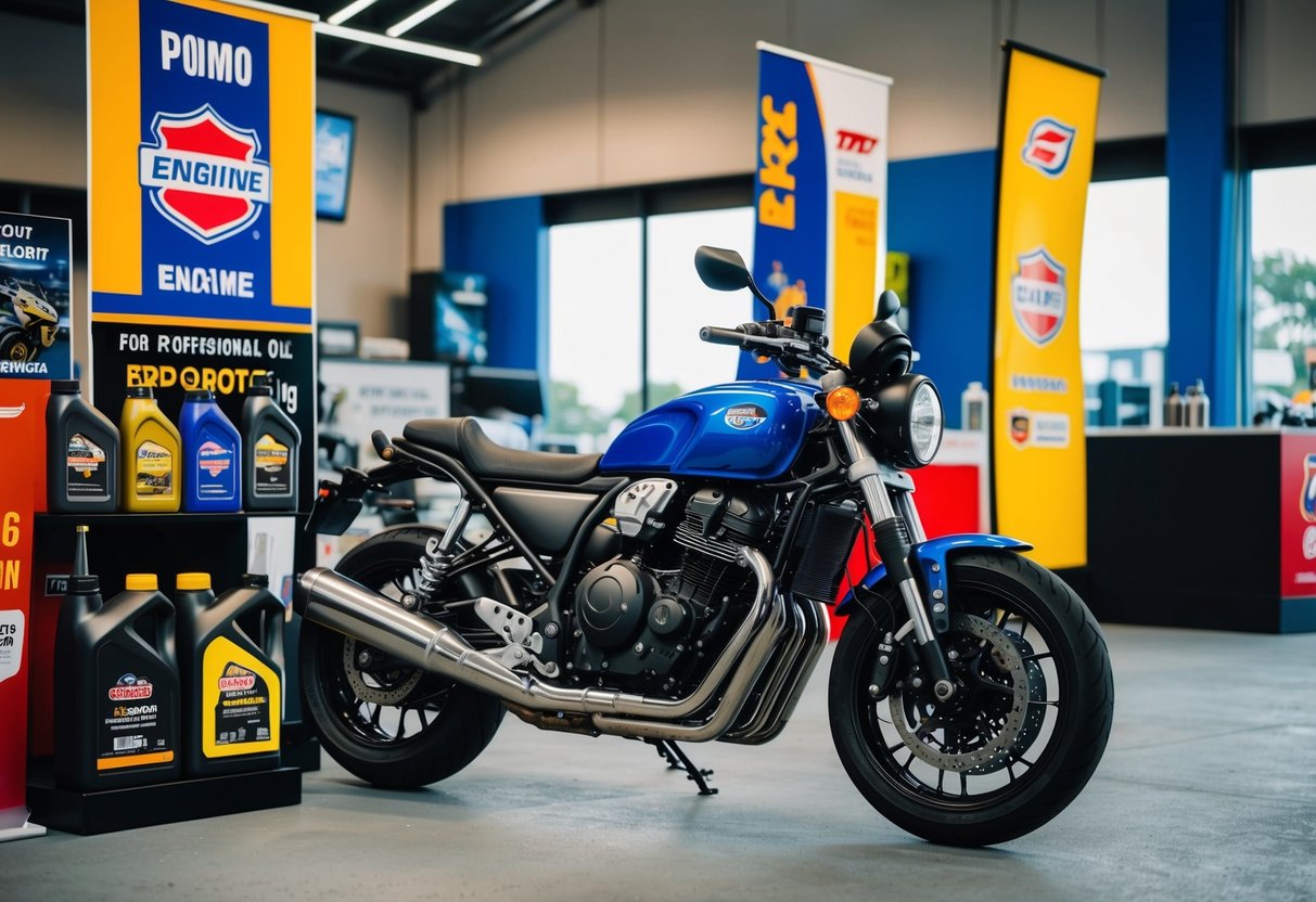A motorcycle parked next to a display of various engine oil bottles, with promotional banners and signage surrounding the area