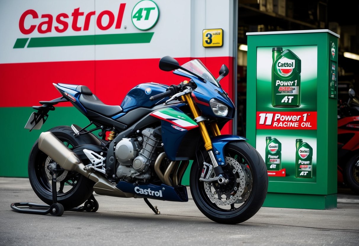 A motorcycle parked in front of a mechanic’s shop, with a display of Castrol Power 1 Racing 4T engine oil and promotional signage