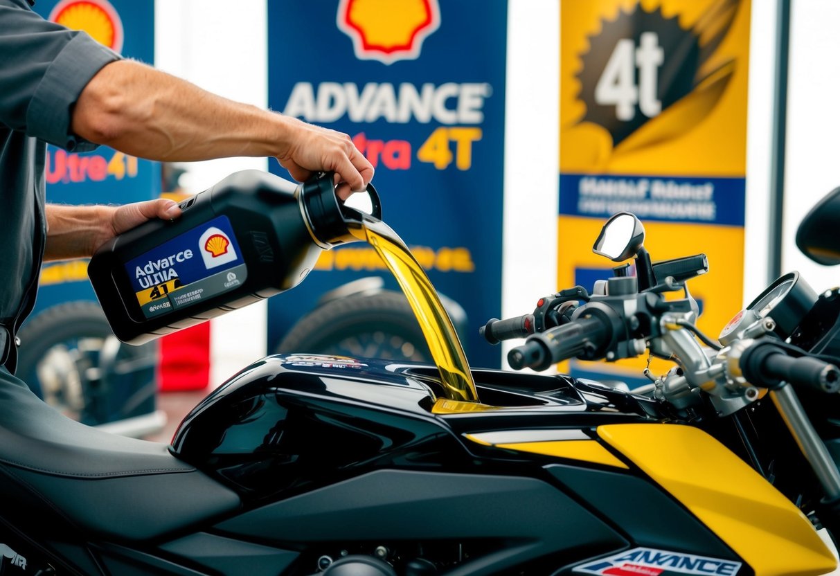 A motorcycle mechanic pouring Shell Advance Ultra 4T oil into a customer’s bike engine, with promotional banners displayed in the background