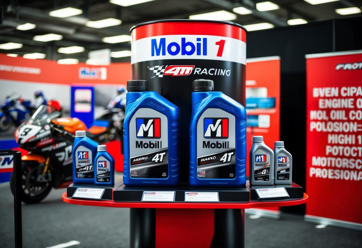 A motorcycle engine oil display with Mobil 1 Racing 4T products showcased on a prominent stand, surrounded by promotional banners and marketing materials