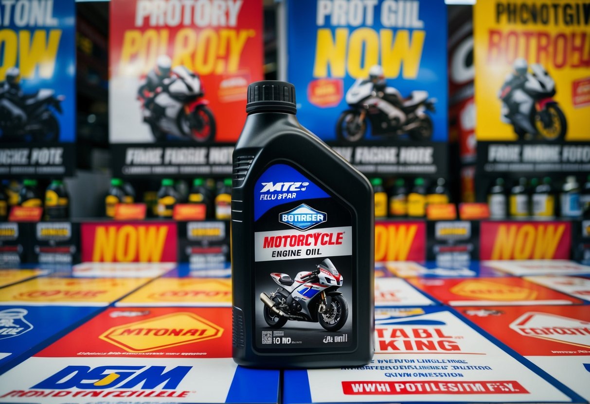 A motorcycle engine oil bottle surrounded by promotional banners and posters in a crowded store display