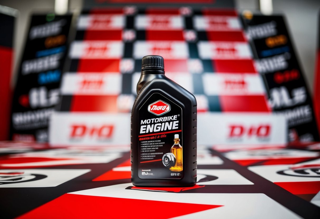 A motorbike engine oil bottle surrounded by promotional banners and logos