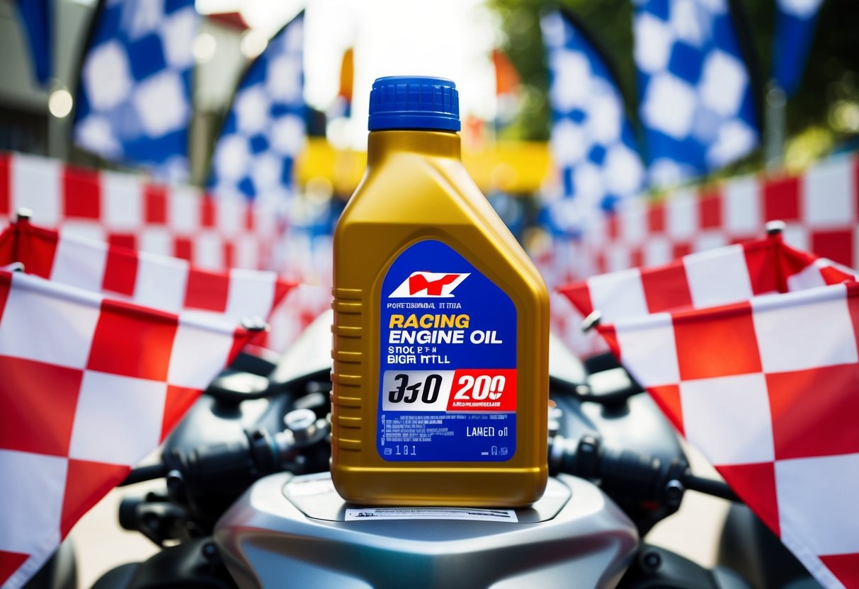 A motorcycle engine oil bottle surrounded by racing flags and checkered banners at a promotional event