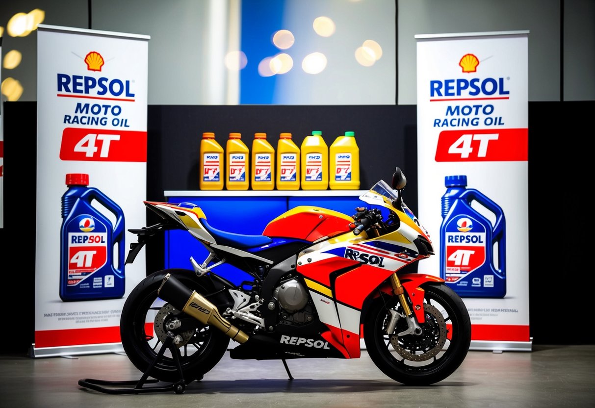 A motorcycle parked in front of a display of Repsol Moto Racing 4T engine oil, with promotional banners and signage