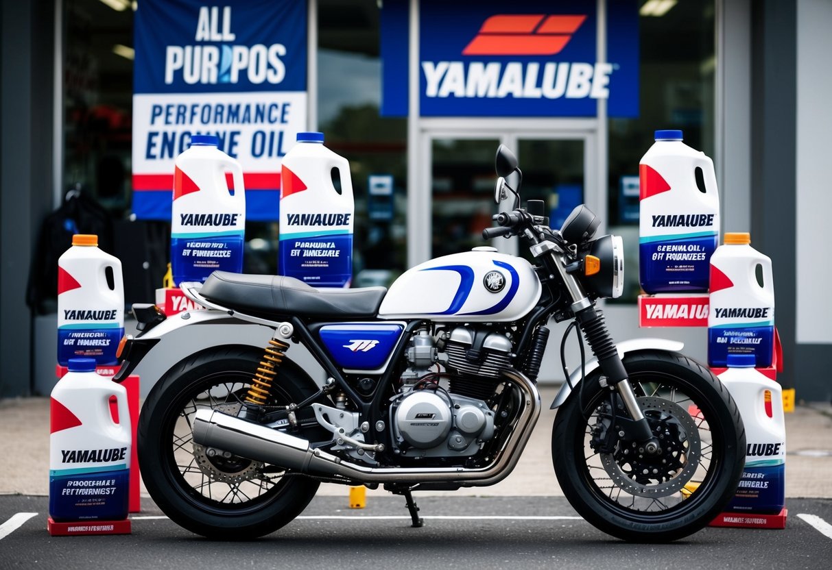 A motorcycle parked in front of a store, surrounded by bottles of Yamalube Performance All Purpose engine oil, with promotional signs and banners displayed