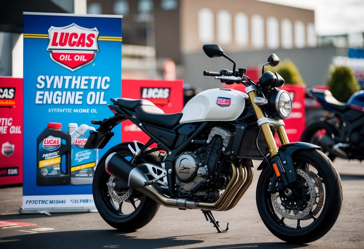 A motorcycle parked in front of a display of Lucas Oil Synthetic engine oil, with promotional banners and signage