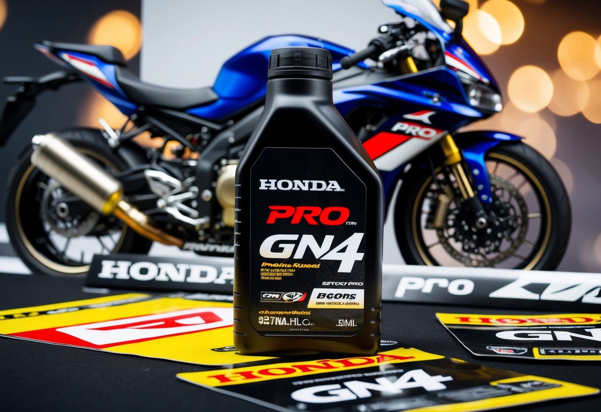 A motorcycle engine oil bottle with the Honda Pro GN4 branding displayed prominently, surrounded by promotional materials and a sleek motorcycle in the background