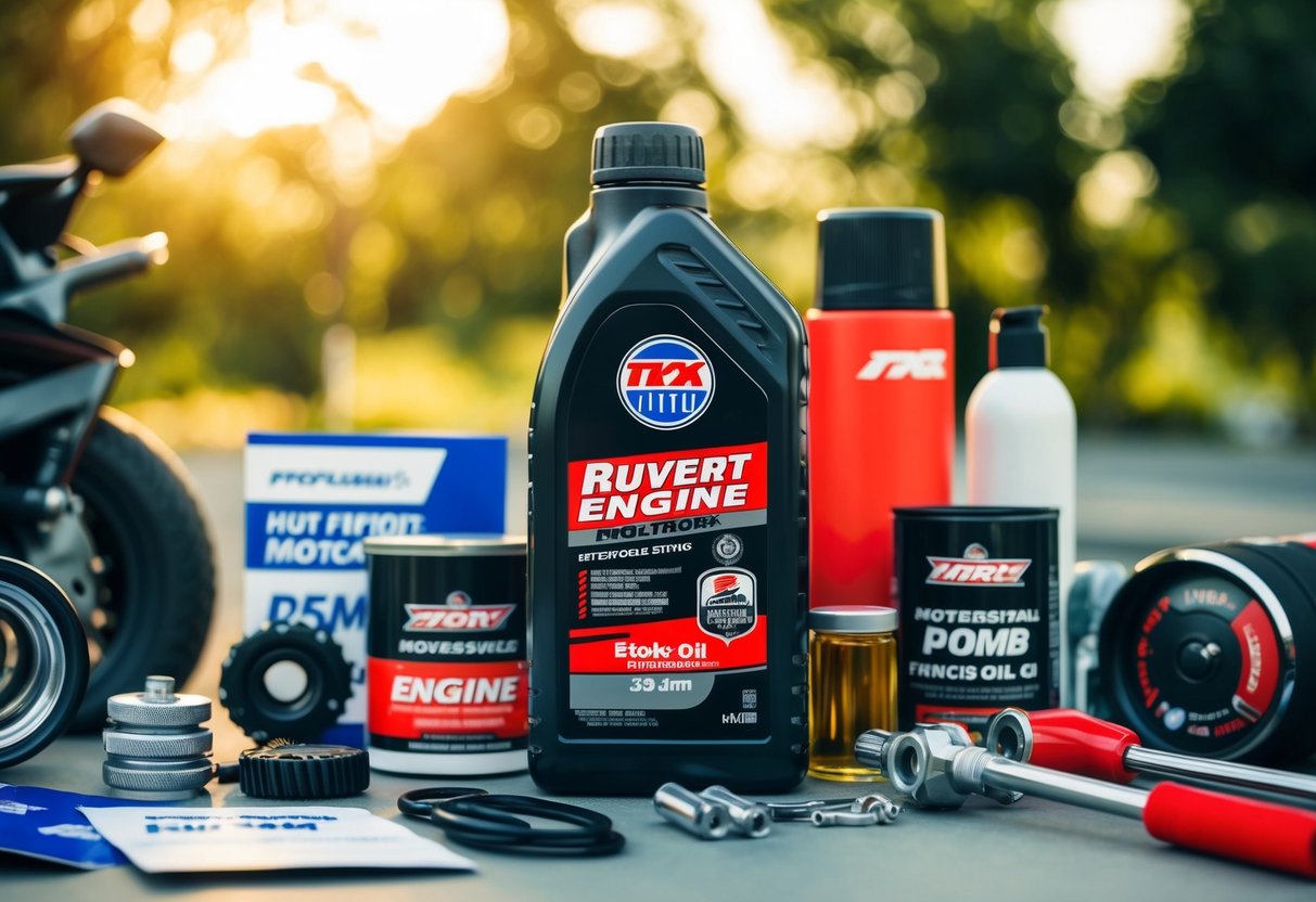 A motorcycle engine oil bottle surrounded by various promotional materials and tools