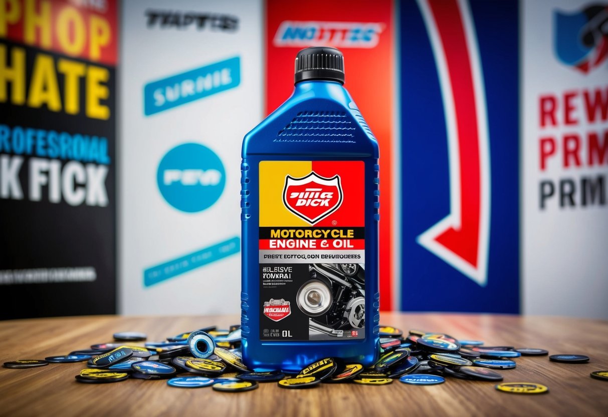 A motorcycle engine oil bottle surrounded by vibrant promotional banners and logos