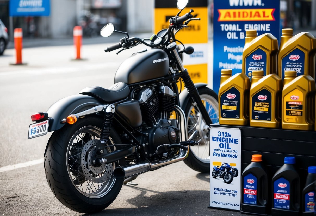 A motorcycle parked beside a display of various engine oil bottles with promotional signs and banners