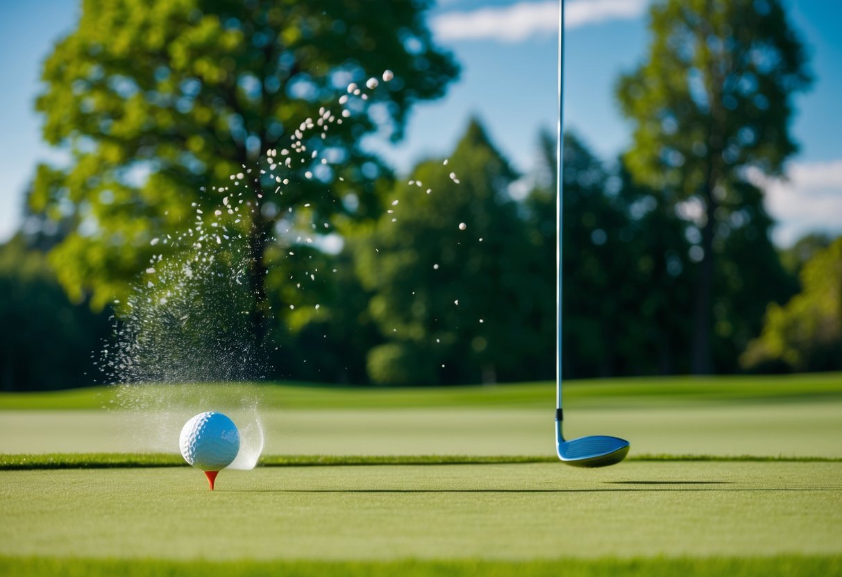 A golf ball flying through a vibrant green fairway, surrounded by lush trees and a clear blue sky