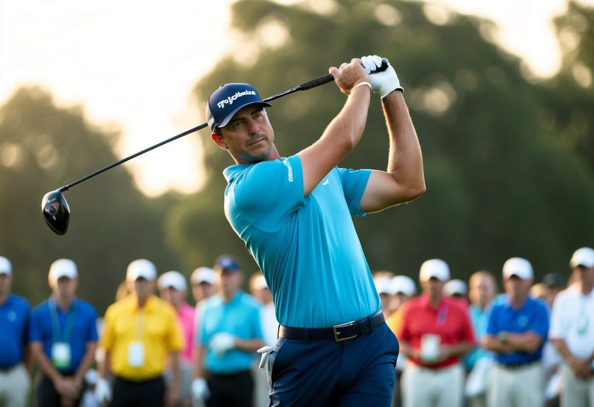A golfer tees off with the TaylorMade SIM2 Max Driver at a lively golf promotion event