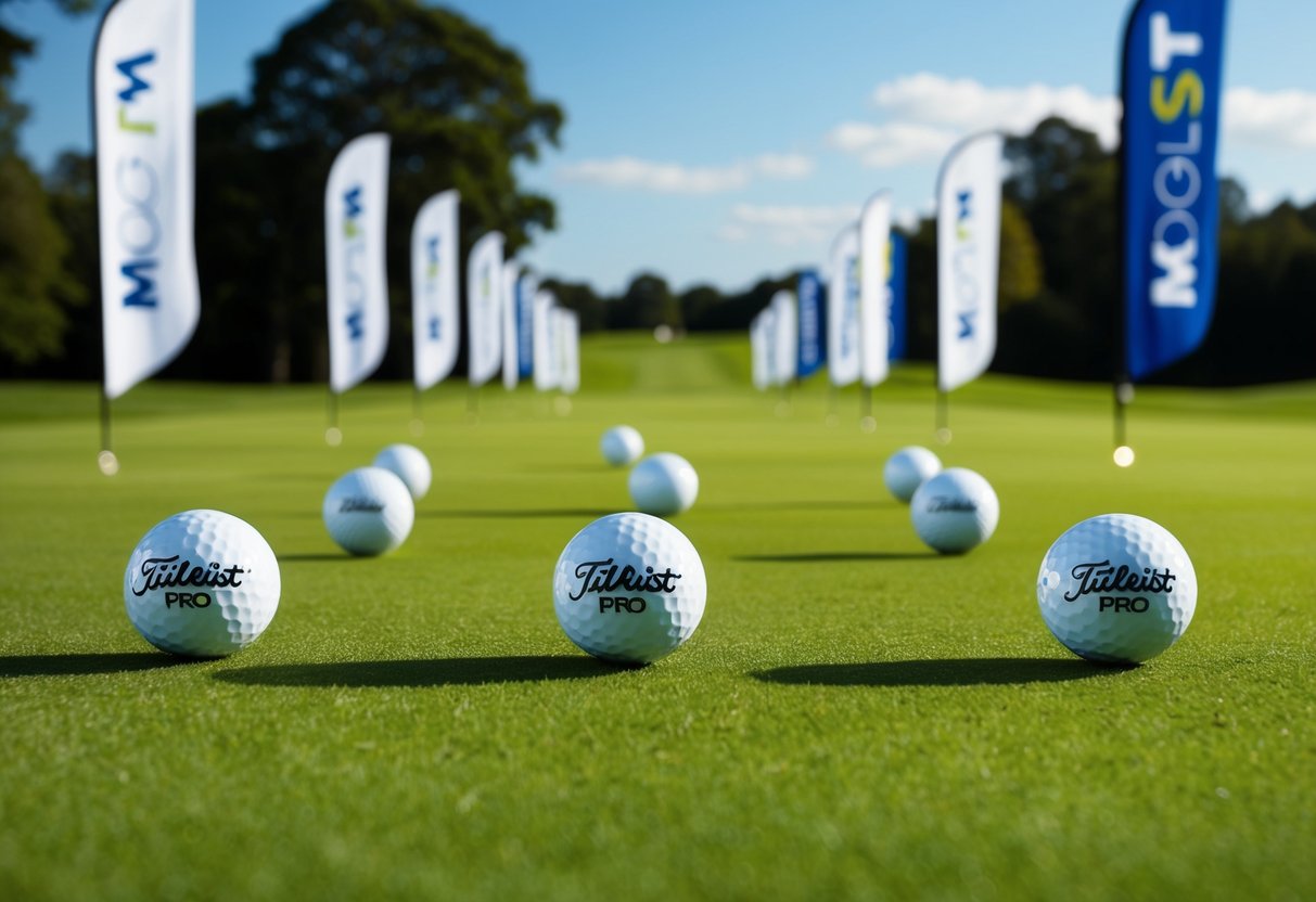 A pristine golf course with Titleist Pro V1 golf balls scattered across the lush green fairway, surrounded by banners promoting MST Golf