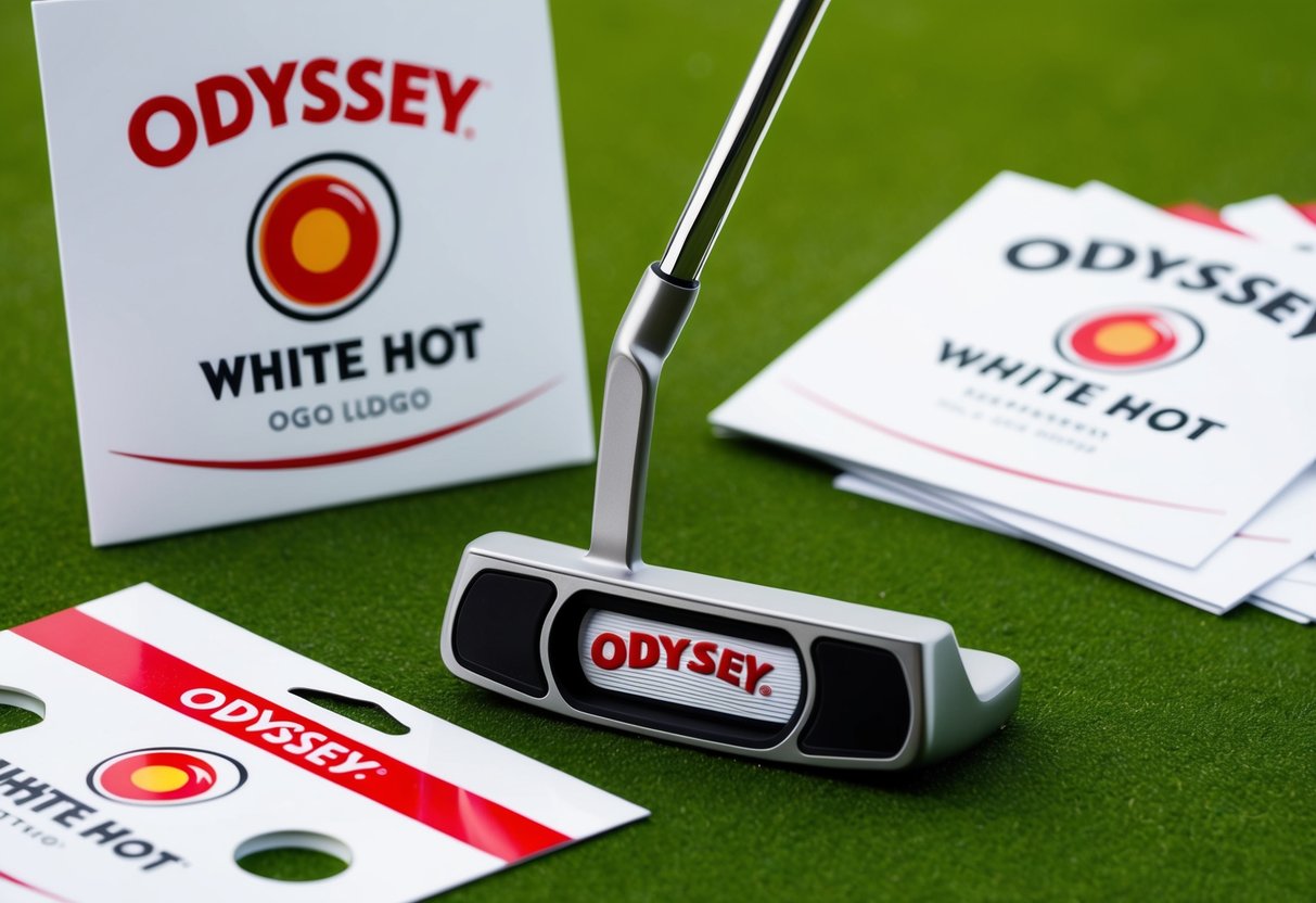 A golf putter sits on a pristine green with the Odyssey White Hot OG logo displayed, surrounded by promotional materials