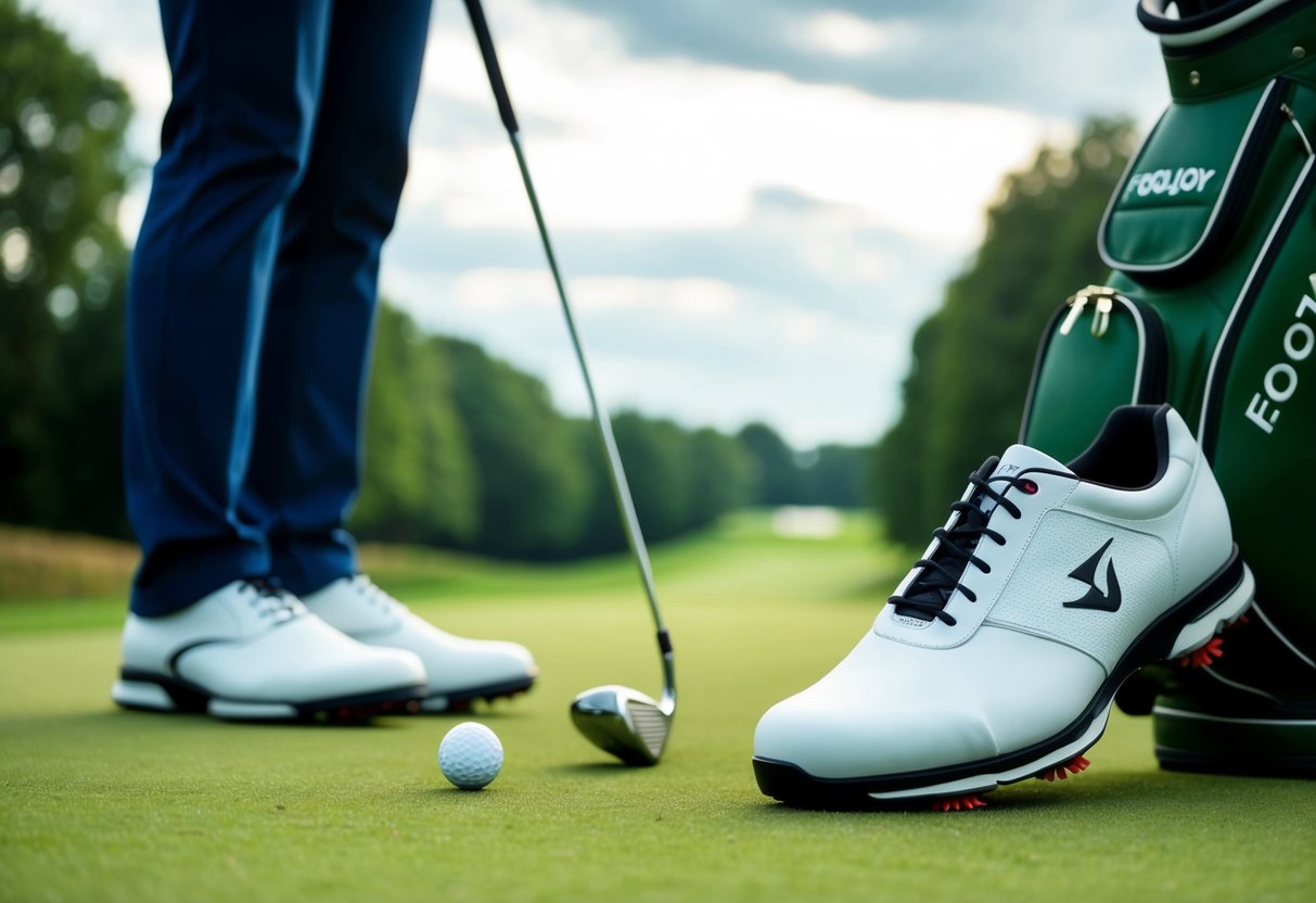 A pair of FootJoy Pro/SL Golf Shoes positioned next to a golf bag and club on a lush green fairway