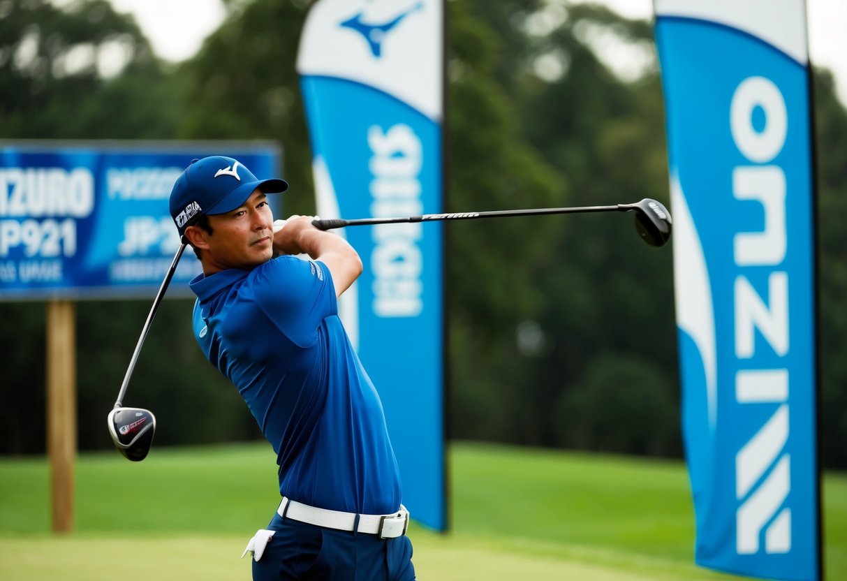 A golfer swings Mizuno JPX921 Forged Irons at a golf course with promotional banners in the background