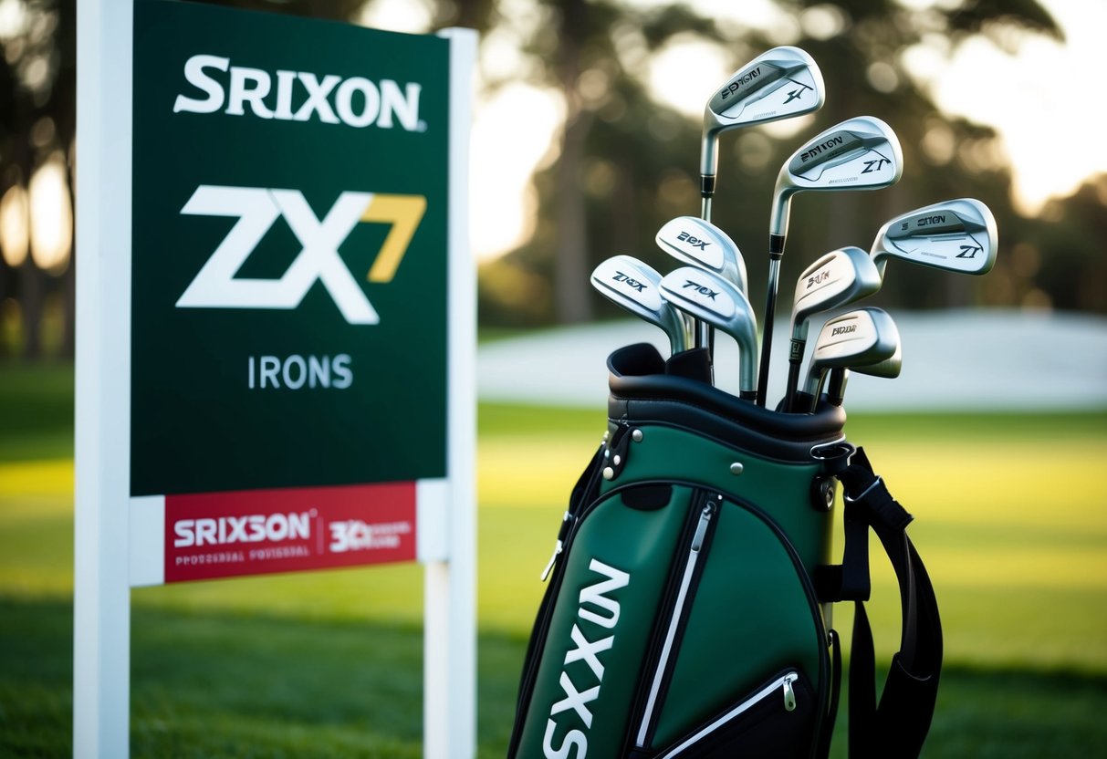 A golf bag with Srixon ZX7 Irons displayed next to promotional signage