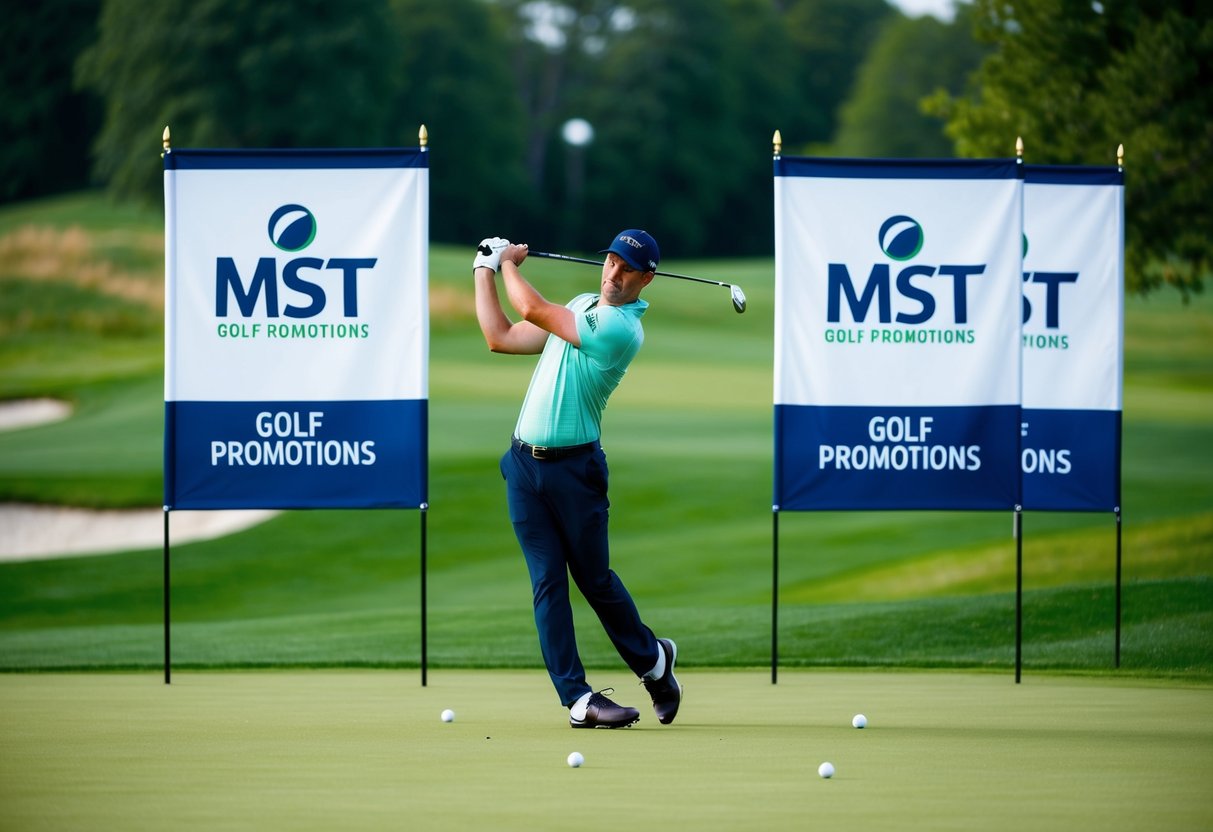 A golfer teeing off at a lush green golf course with the MST Golf Promotions logo prominently displayed on banners and flags