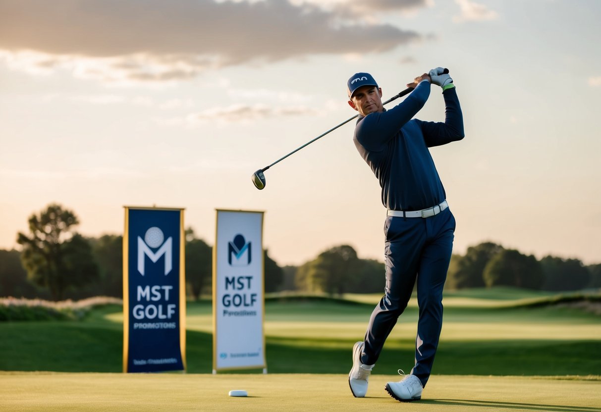 A golfer swinging a club at a pristine golf course with banners promoting MST Golf Promotions in the background