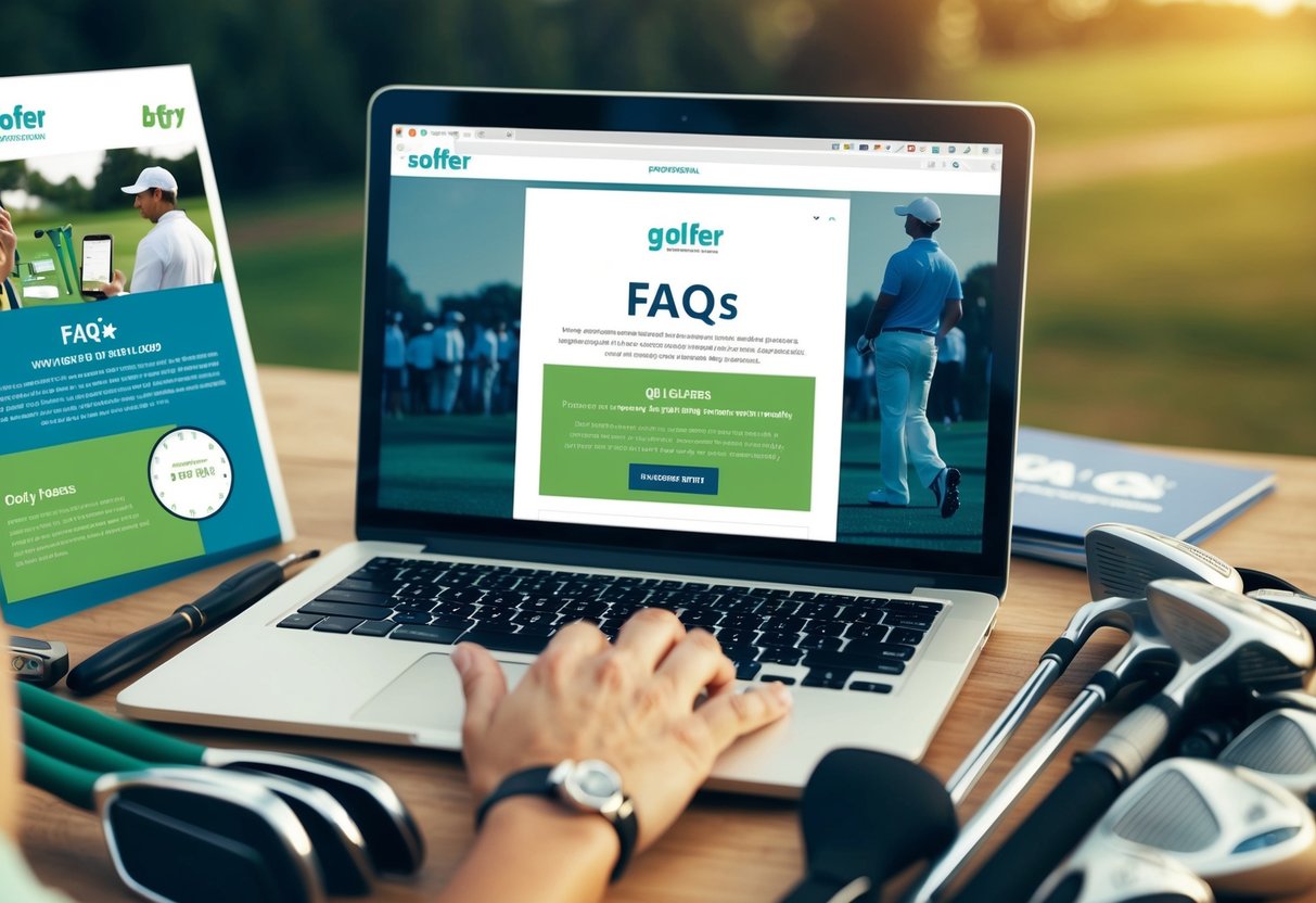 A golfer browsing a webpage with FAQs on a laptop, surrounded by golf clubs and promotional materials